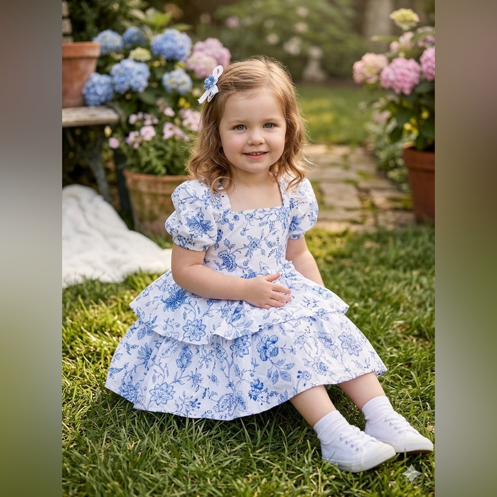 Janie and Jack White Dress with Blue Floral Accents (3T)